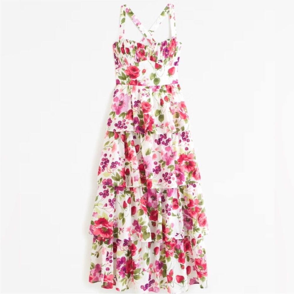 NWT Abercrombie & Fitch Lace-Up Back Tiered Maxi Dress in Pink Floral